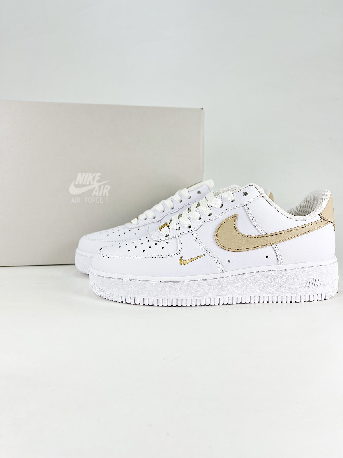 Nike Air Force 1 Sneakers - White, Khaki & Gold Mini Swoosh